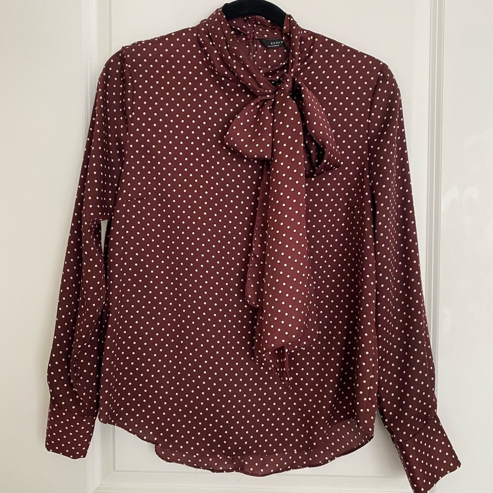Zara | Burgundy Polka Dot Blouse with Tie